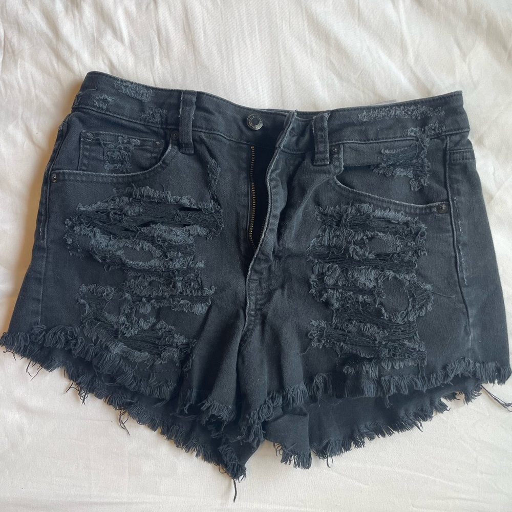 Distressed Black Denim Shorts